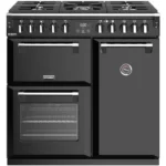 Les points clés Dimensions l x h x p : 99.4 x 93 x 67 cm 5 foyers, induction Four principal : 79 L, nettoyage catalyse 3 fours, câble monophasé non fourni Le + : Ses 2 grands fours (1 multifonction + 1 ventilé), son four gril séparé, table induct° Hte puissance